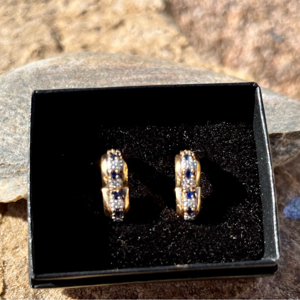 14 karat over sterling silver sapphire and diamond heart earrings